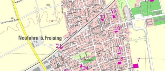Straßenkarte mit den Standorten der Spielplätze in Neufahrn