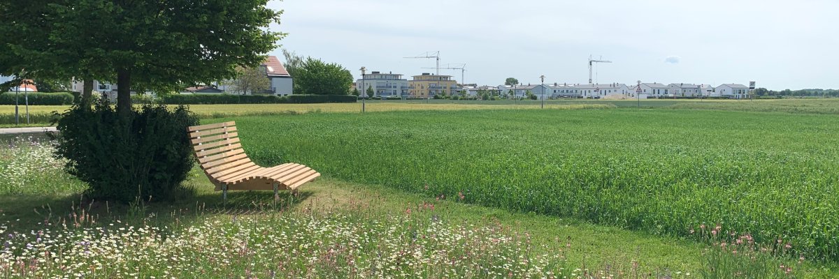 Blick auf eine Relaxliege aus Holz im Grünen