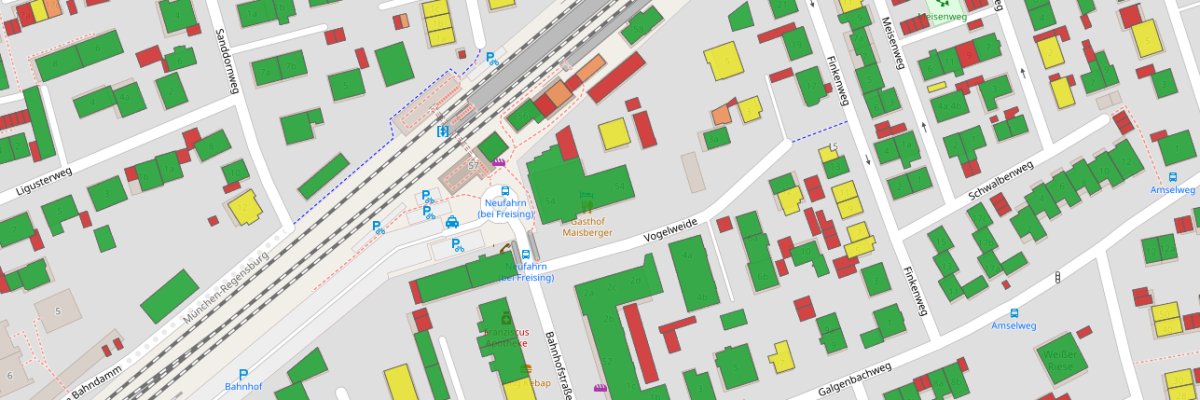 Ausschnitt von Gebäuden und deren abgebildeten Solarpotenzialen am Bahnhofsviertel von Neufahrn.