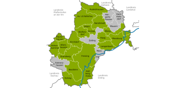 Darstellung der am Klimaschutzbündnis teilnehmenden Gemeinden im Landkreis Freising.
