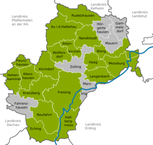 Darstellung der am Klimaschutzbündnis teilnehmenden Gemeinden im Landkreis Freising.
