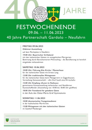 Programm des Festwochen 40 Jahre Städtepartnerschaft mit Gardolo